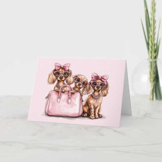 Tarjeta Feliz cumpleaños, perros Dachshund de moda (Anverso)