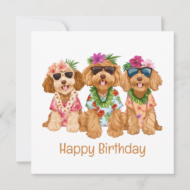 Tarjeta Feliz cumpleaños, perros dorados hawaianos (Anverso)