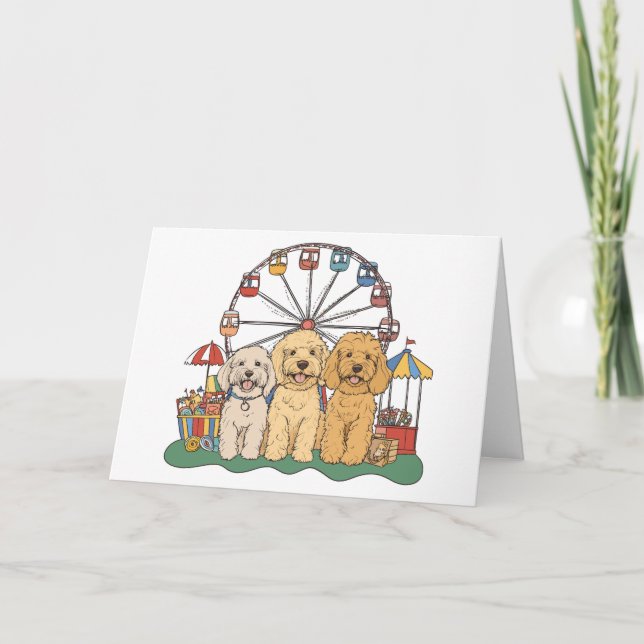 Tarjeta Feliz cumpleaños, perros dordendoodle en un carnav (Anverso)