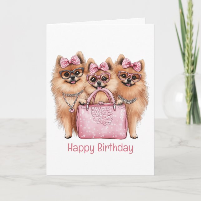 Tarjeta Feliz cumpleaños perros panomeranos de moda (Anverso)
