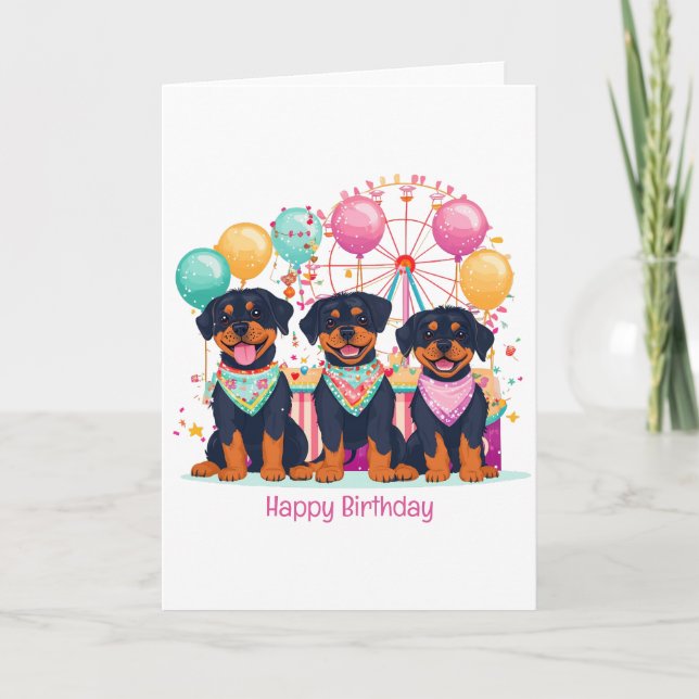 Tarjeta Feliz cumpleaños, Perros Rottweiler En Un Carnaval (Anverso)