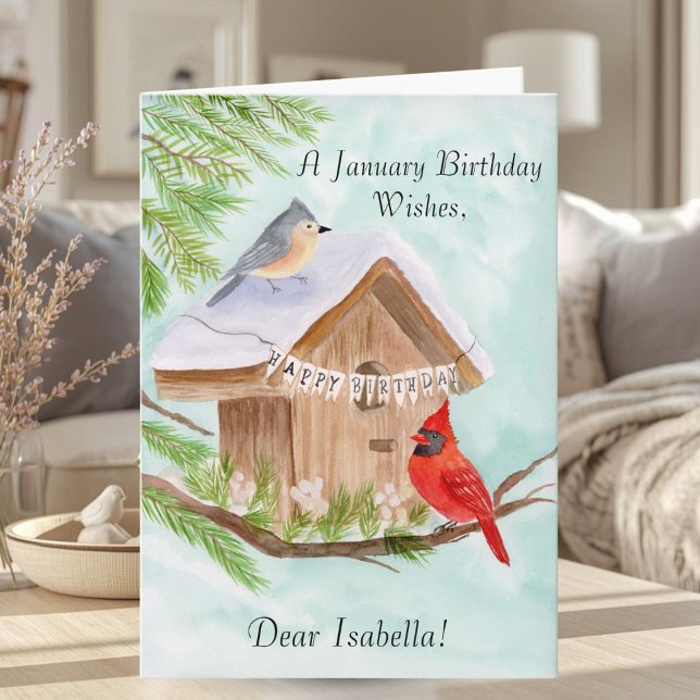 Tarjeta Feliz Cumpleaños Personalizado de Enero con Pájaro (Subido por el creador)