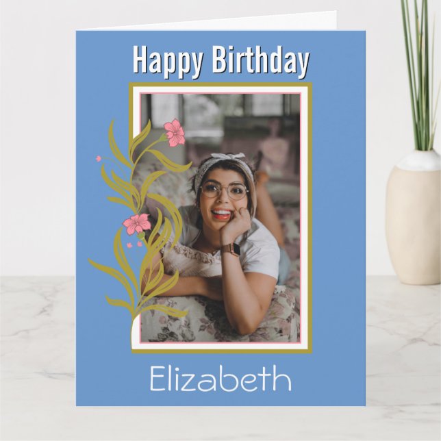 Tarjeta Feliz cumpleaños Personalizado foto frontera azul (Anverso)