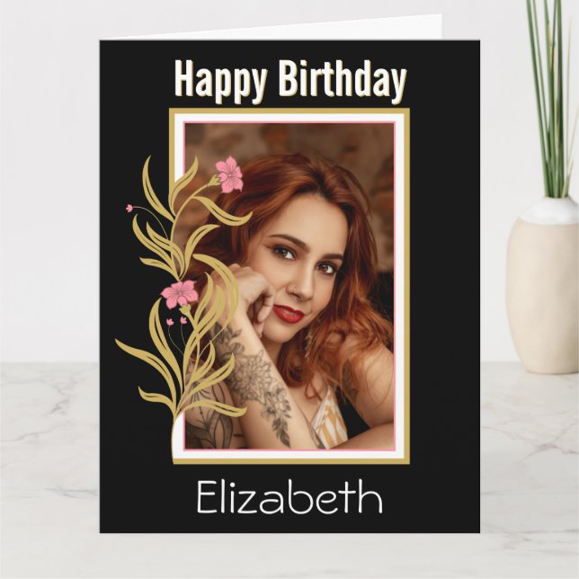 Tarjeta Feliz cumpleaños Personalizado foto frontera negra (Anverso)
