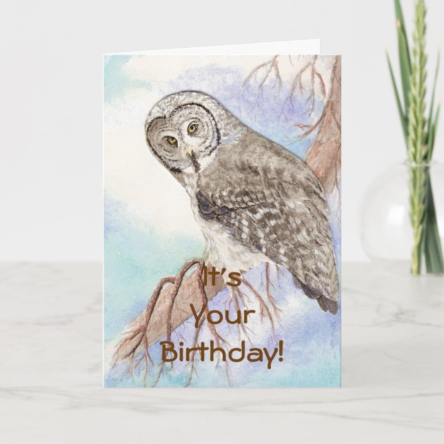 Tarjeta Feliz cumpleaños Personalizado Gran Lechuza Gris,  (Anverso)