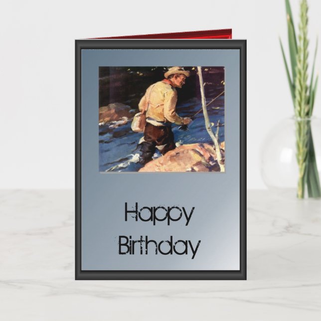 Tarjeta Feliz cumpleaños - pescador mosca junto al río (Anverso)