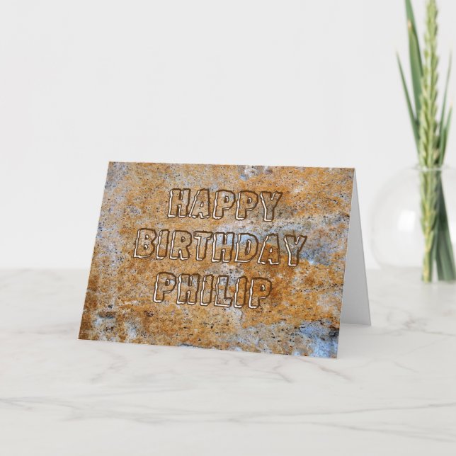 Tarjeta Feliz cumpleaños Philip de la Edad de Piedra (Anverso)