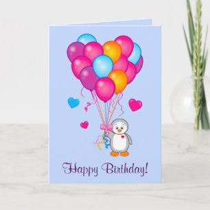 Tarjeta Feliz cumpleaños: Pingüino con globos en forma de 
