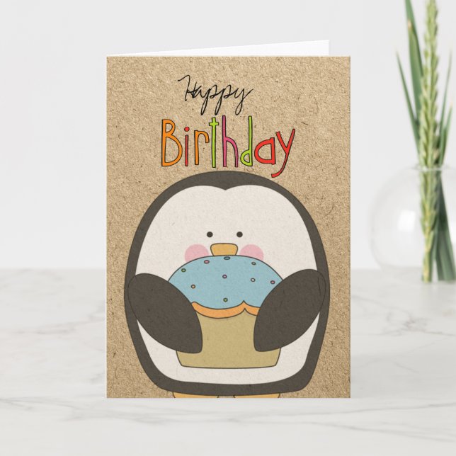 Tarjeta Feliz cumpleaños, pingüino y tarta (Anverso)