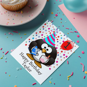 Tarjeta Feliz Cumpleaños Pingüinos Niños de 1 Año de Edad