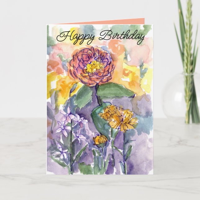 Tarjeta Feliz cumpleaños, Pink Zinnias Watercolor Garden (Anverso)
