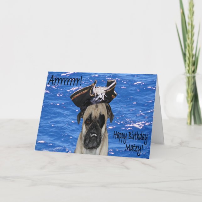 Tarjeta Feliz cumpleaños Pirata Pug (Anverso)