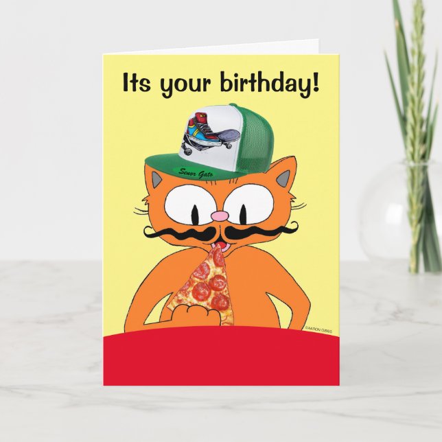 Tarjeta Feliz Cumpleaños Pizza Party Dibujos Animados Gato (Anverso)