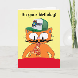 Tarjeta Feliz Cumpleaños Pizza Party Dibujos Animados Gato