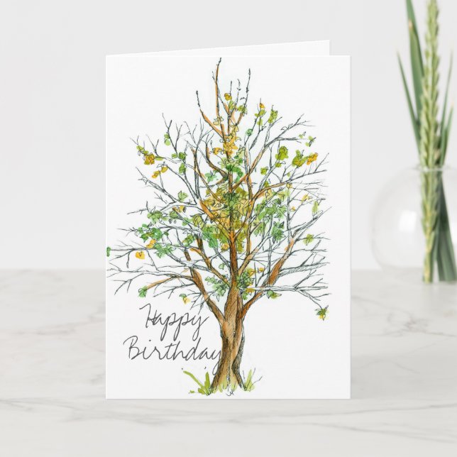 Tarjeta Feliz cumpleaños pluma de árbol de otoño y dibujo  (Anverso)