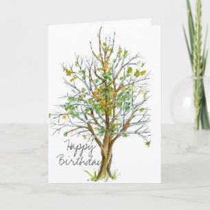 Tarjeta Feliz cumpleaños pluma de árbol de otoño y dibujo