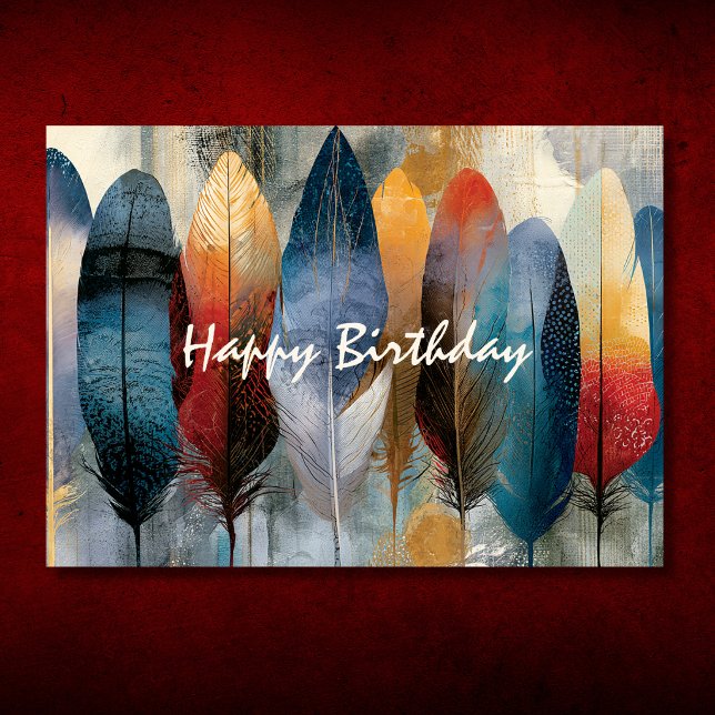 Tarjeta Feliz Cumpleaños Plumas Boho Coloridas (Colorful Boho Feathers Happy Birthday Card Front)