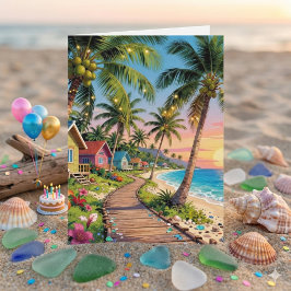Tarjeta Feliz Cumpleaños | Poema con tema tropical costero