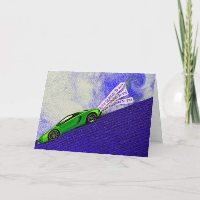 Tarjeta FELIZ CUMPLEAÑOS POR ÉL con un coche deportivo (Anverso)