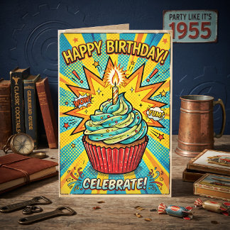 Tarjeta ¡Feliz Cumpleaños Primo! Arte Pop Retro para un Pr