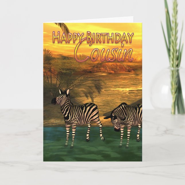Tarjeta Feliz cumpleaños, primo Zebras en el agua (Anverso)