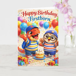 Tarjeta Feliz cumpleaños primogénito dinosaurio y búho lin
