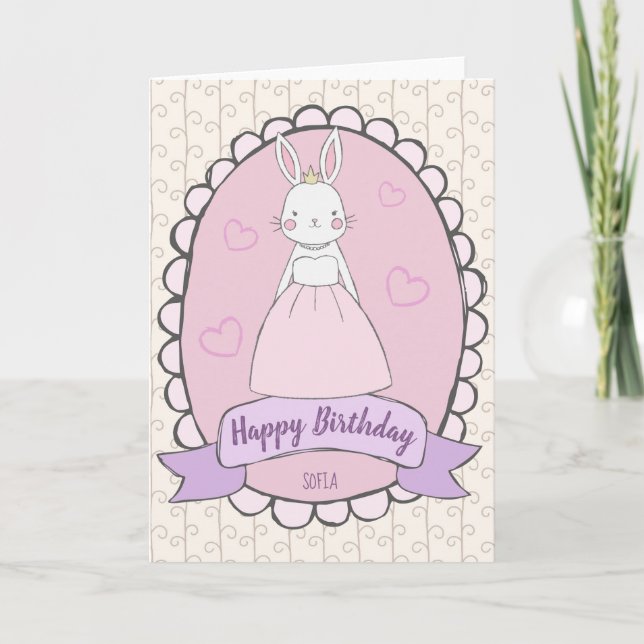 Tarjeta Feliz cumpleaños, princesa de conejo, niña rosa bl (Anverso)