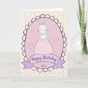 Tarjeta Feliz cumpleaños, princesa de conejo, niña rosa bl