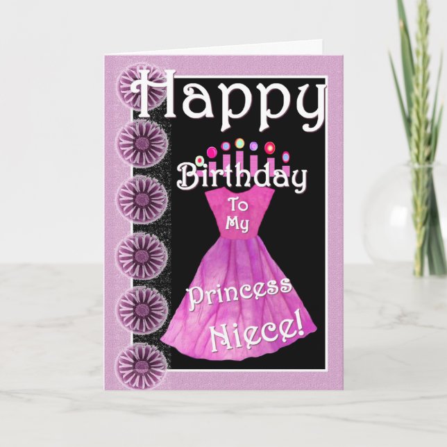 Tarjeta Feliz cumpleaños princesa sobrina vestido rosa y v (Anverso)