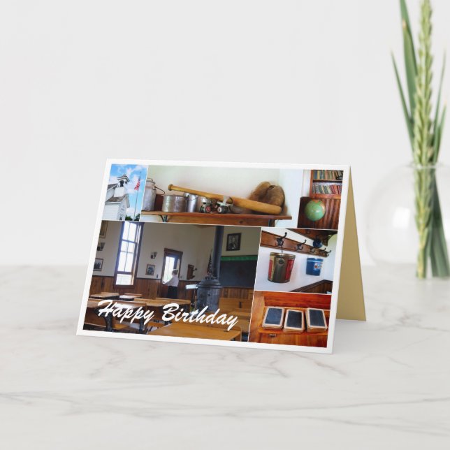 Tarjeta Feliz cumpleaños, profesor, casa de colegio de épo (Anverso)