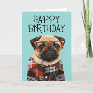 Tarjeta Feliz Cumpleaños   Pug de camisa a cuadros