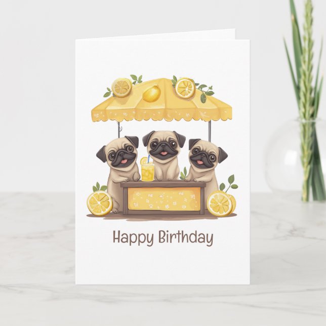 Tarjeta Feliz cumpleaños Pug Dogs Lemonade Stand (Anverso)