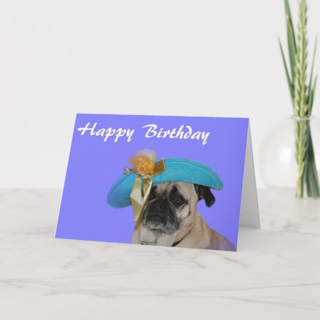 Tarjeta Feliz cumpleaños Pug en un Gorra (Anverso)