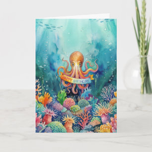 Tarjeta Feliz Cumpleaños Pulpo Océano Vida Marina Agua Pec