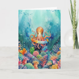 Tarjeta Feliz Cumpleaños Pulpo Vida Marina Océano Agua Pec