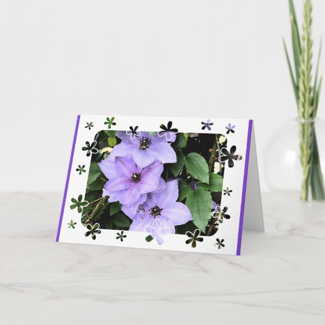 Tarjeta ¡Feliz cumpleaños!-Purple Clematis con marco flora (Anverso)