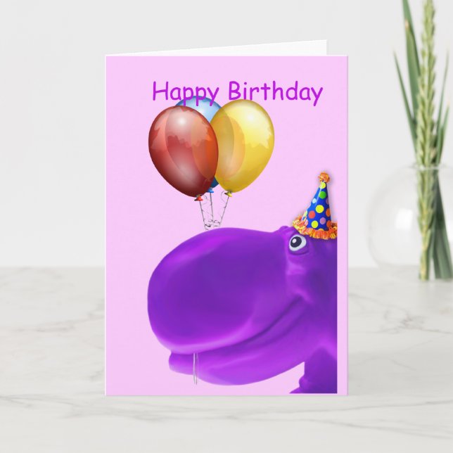 Tarjeta Feliz cumpleaños púrpura de Hippo (Anverso)