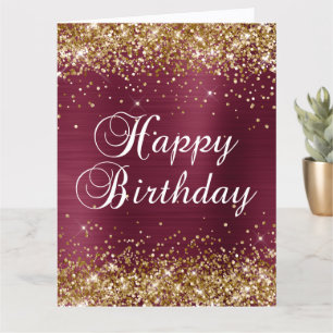 Tarjeta Feliz Cumpleaños Purpurina Dorada Burgundy Foil