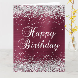 Tarjeta Feliz Cumpleaños Purpurina Plateada Burgundy Foil