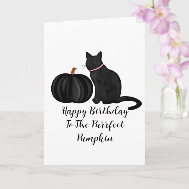 Tarjeta Feliz cumpleaños Purrfect Pumpkin Pun (Orquídea)