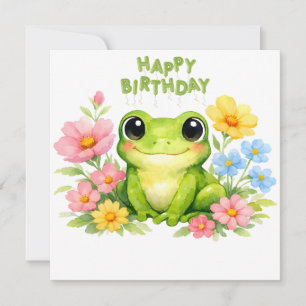 Tarjeta Feliz Cumpleaños Rana Acuarela con Flores