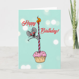 Tarjeta Feliz Cumpleaños Ratón con Cupcake y Vela