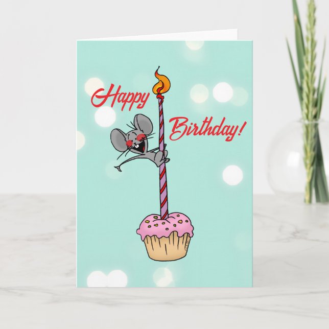 Tarjeta Feliz Cumpleaños Ratón con Cupcake y Vela (Anverso)