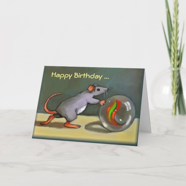 Tarjeta Feliz cumpleaños, ratón lindo con el mármol, arte, (Anverso)
