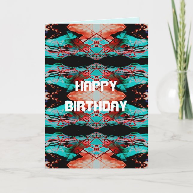 Tarjeta Feliz cumpleaños Red Aqua Black StainGlass Look (Anverso)