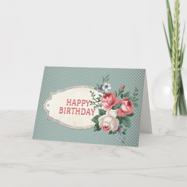 Tarjeta Feliz cumpleaños Rosa de cosecha Flor de Punto Azu (Anverso)