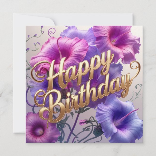 Tarjeta Feliz cumpleaños, rosa, morado flor de gloria (Anverso)
