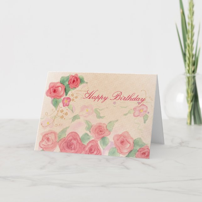 Tarjeta Feliz cumpleaños Rosa victoriano rosa Watercolor A (Anverso)