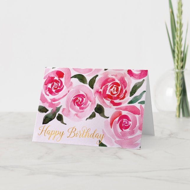 Tarjeta Feliz Cumpleaños Rosas Acuarela Flores para Ella (Anverso)