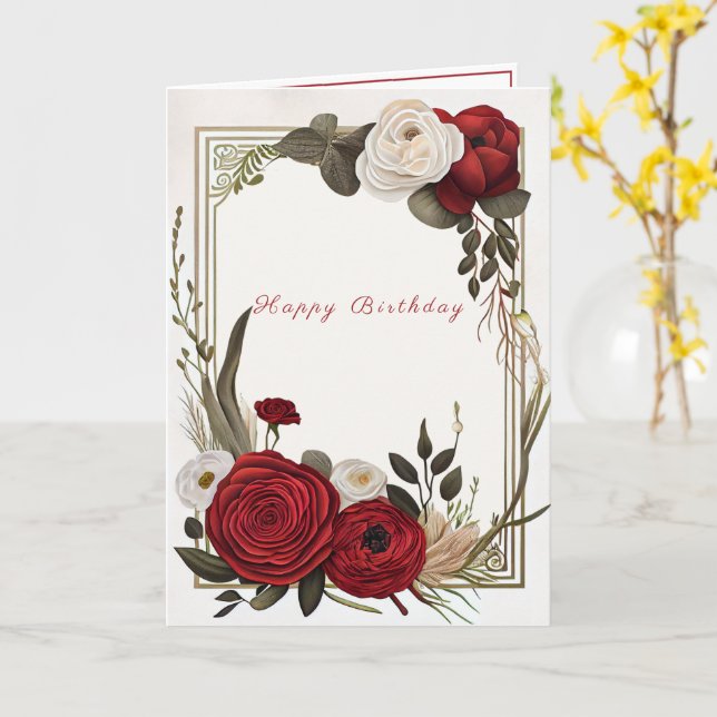 Tarjeta Feliz Cumpleaños Rosas Blancas Rojas  (flor amarilla)